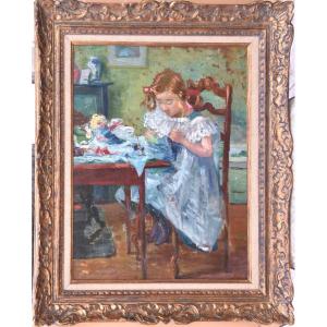 Fernand Piet "little Girl With Doll" Oil On Panel 46x38